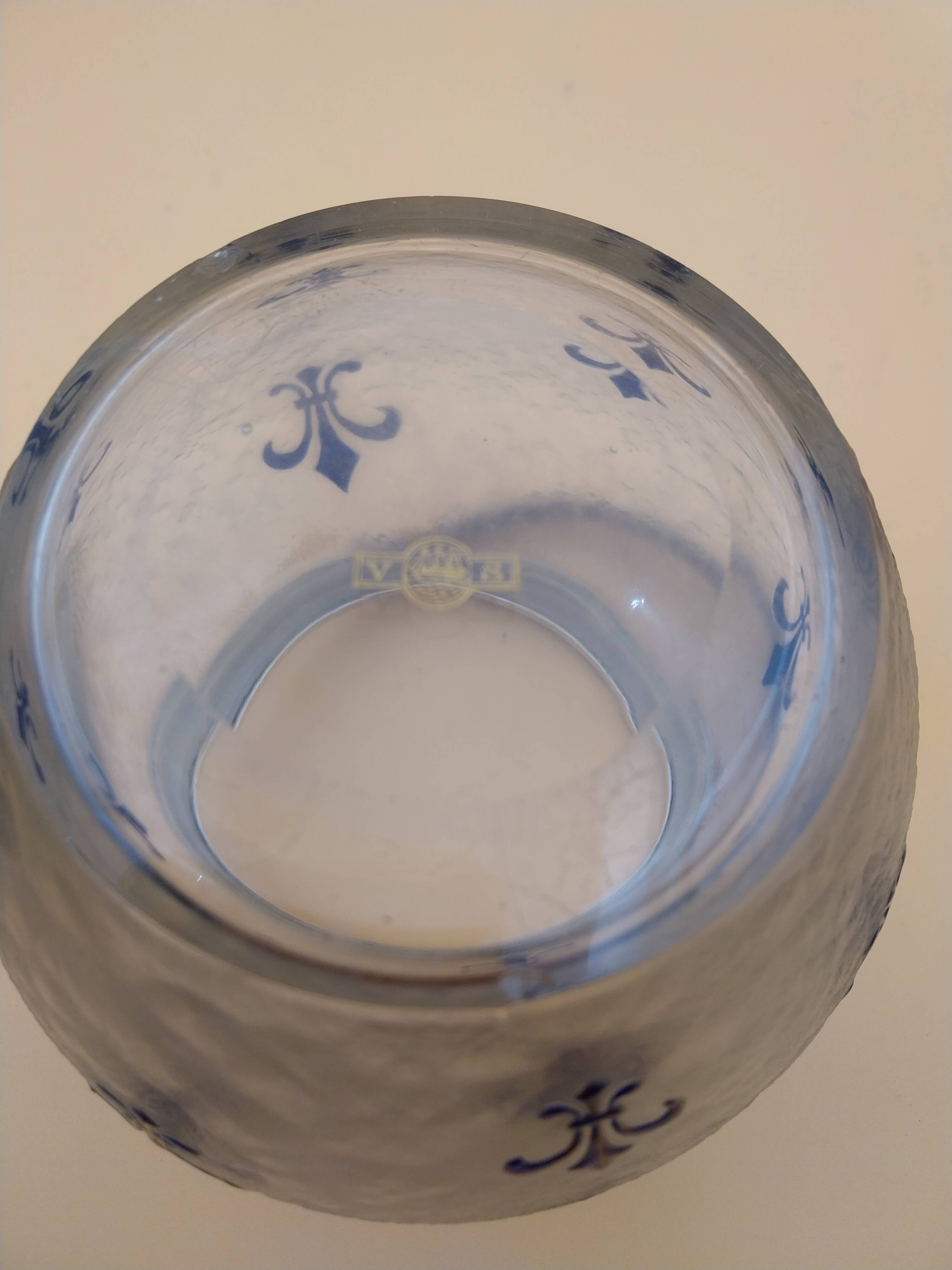 Crystal biscuit jar decorated with blue enamel and gilding.