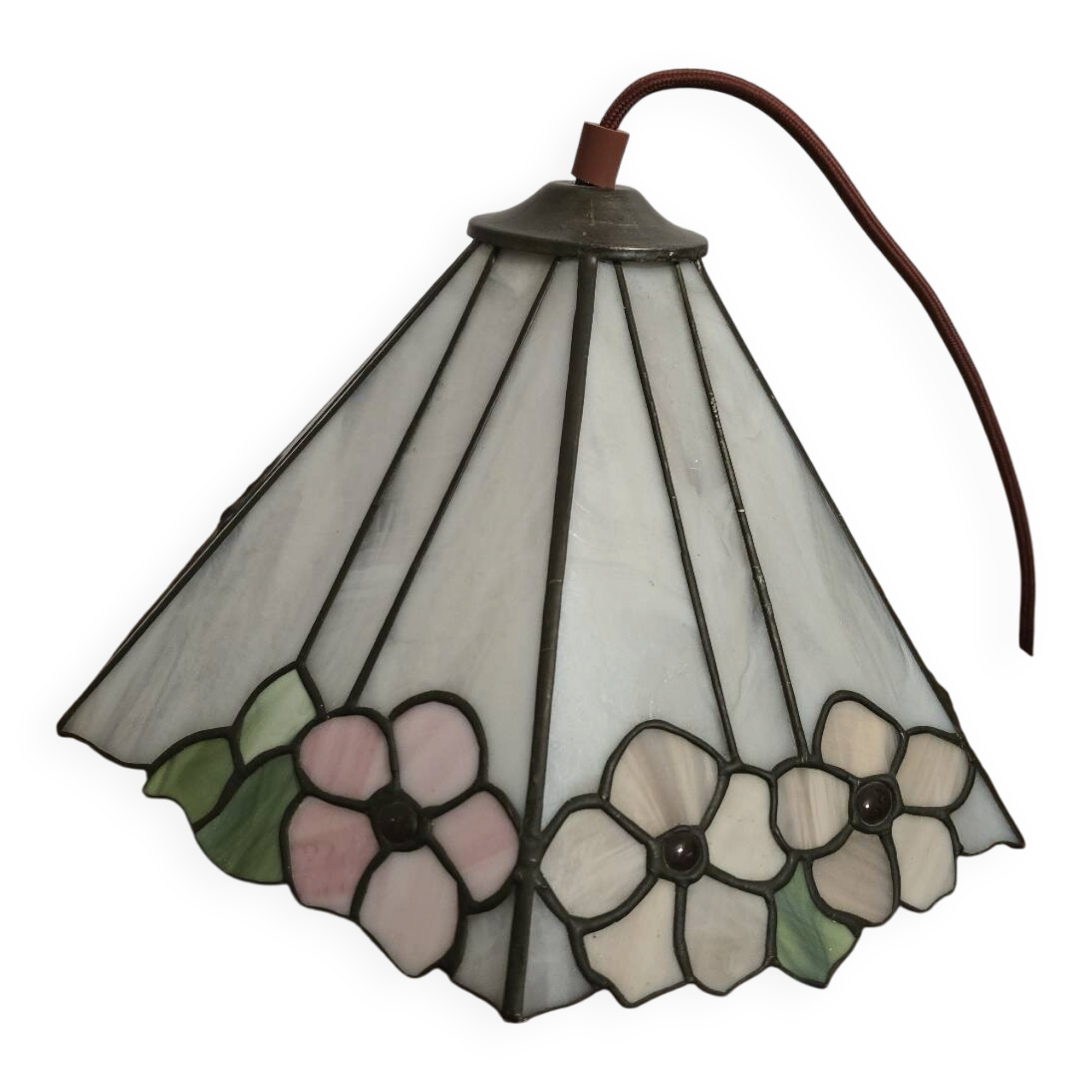 Tiffany-style stained glass lampshade with floral motifs.