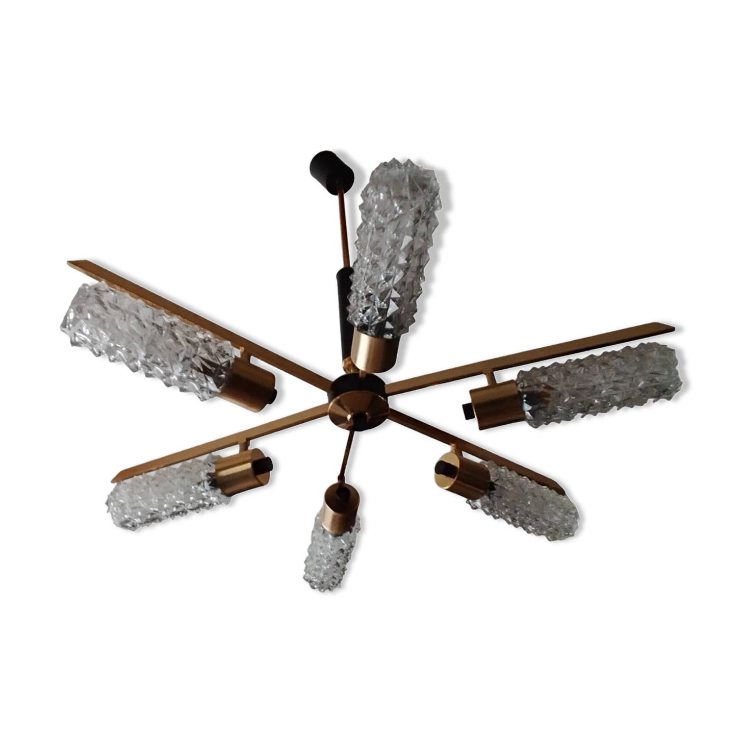 Arlus vintage brass and glass chandelier 6 lights