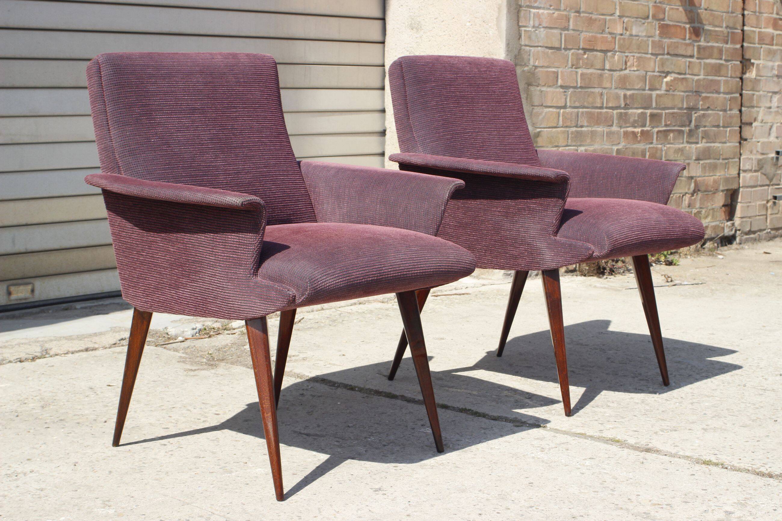 Pair of vintage purple velvet compass foot armchairs 1950s