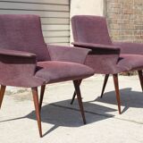 Pair of vintage purple velvet compass foot armchairs 1950s