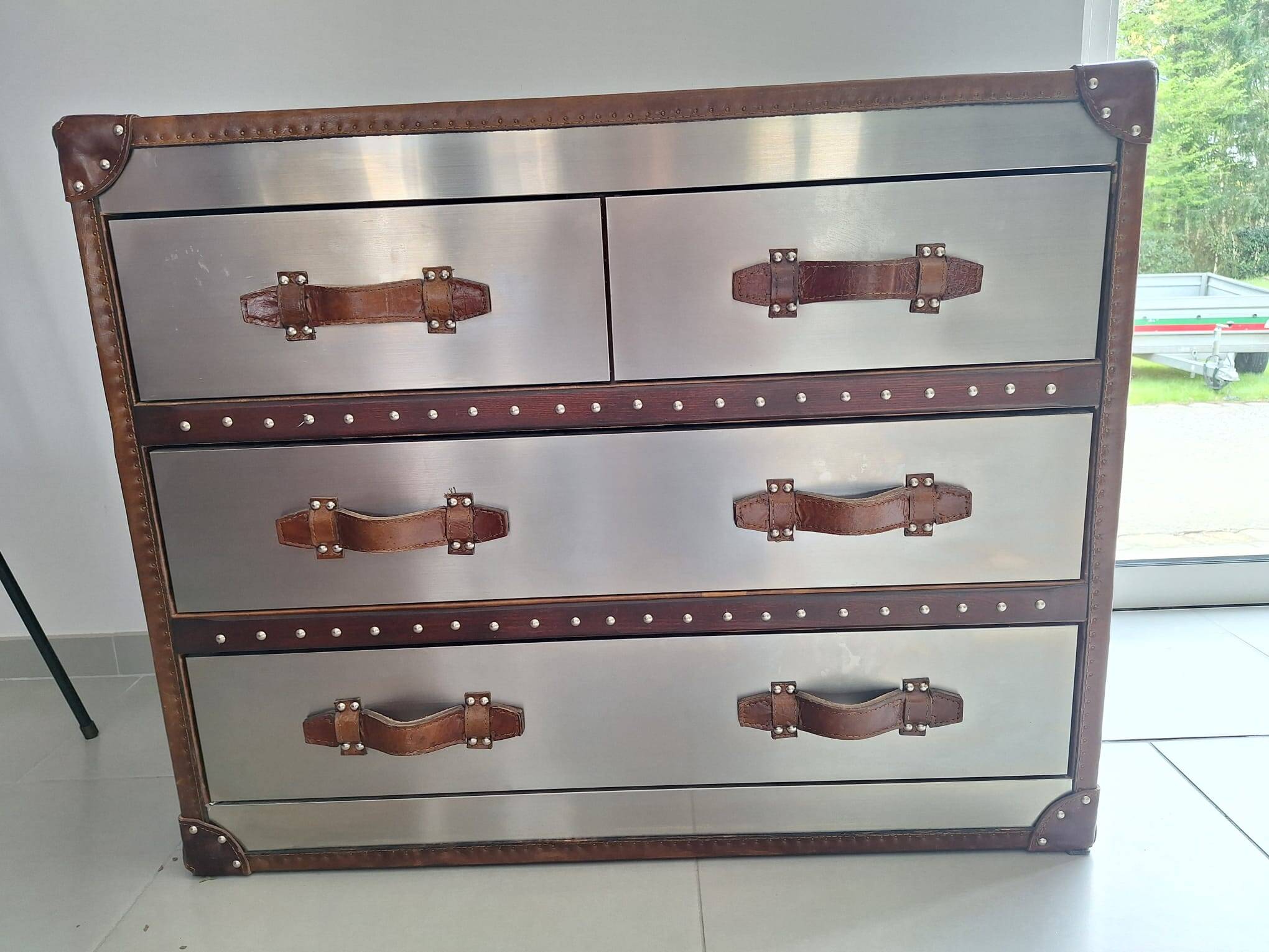 Andrew Martin Howard Vintage Leather and Steel Chest of Drawers