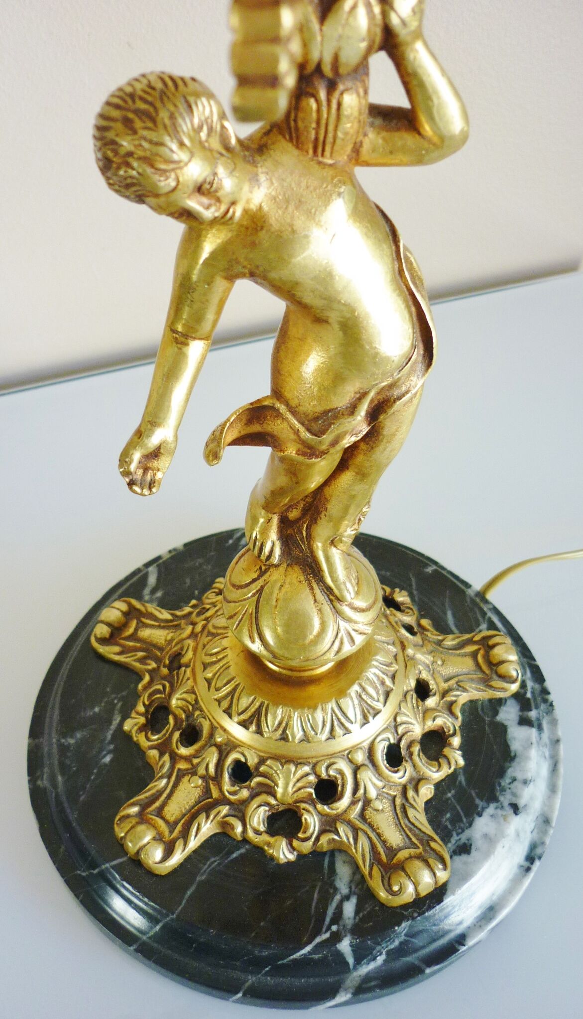 Candelabra, 6-pointed candlestick, marble, bronze, putti decoration, putto