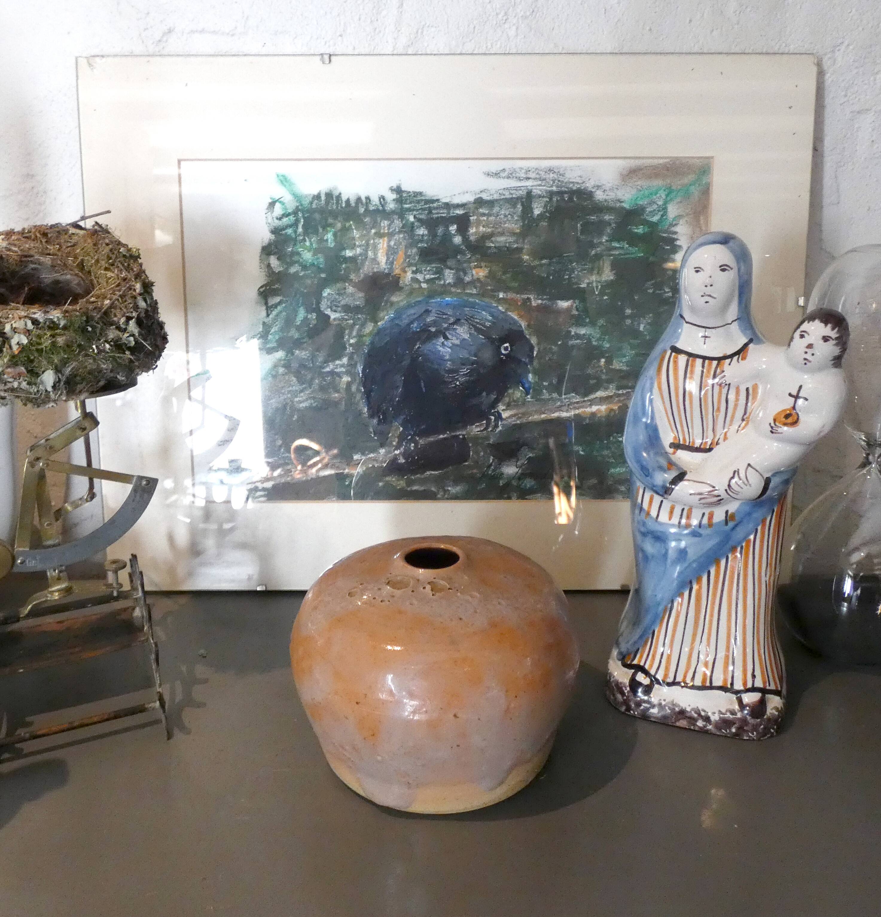 Ancien vase boule en grès texturé design brutaliste vintage signé