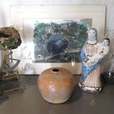 Ancien vase boule en grès texturé design brutaliste vintage signé