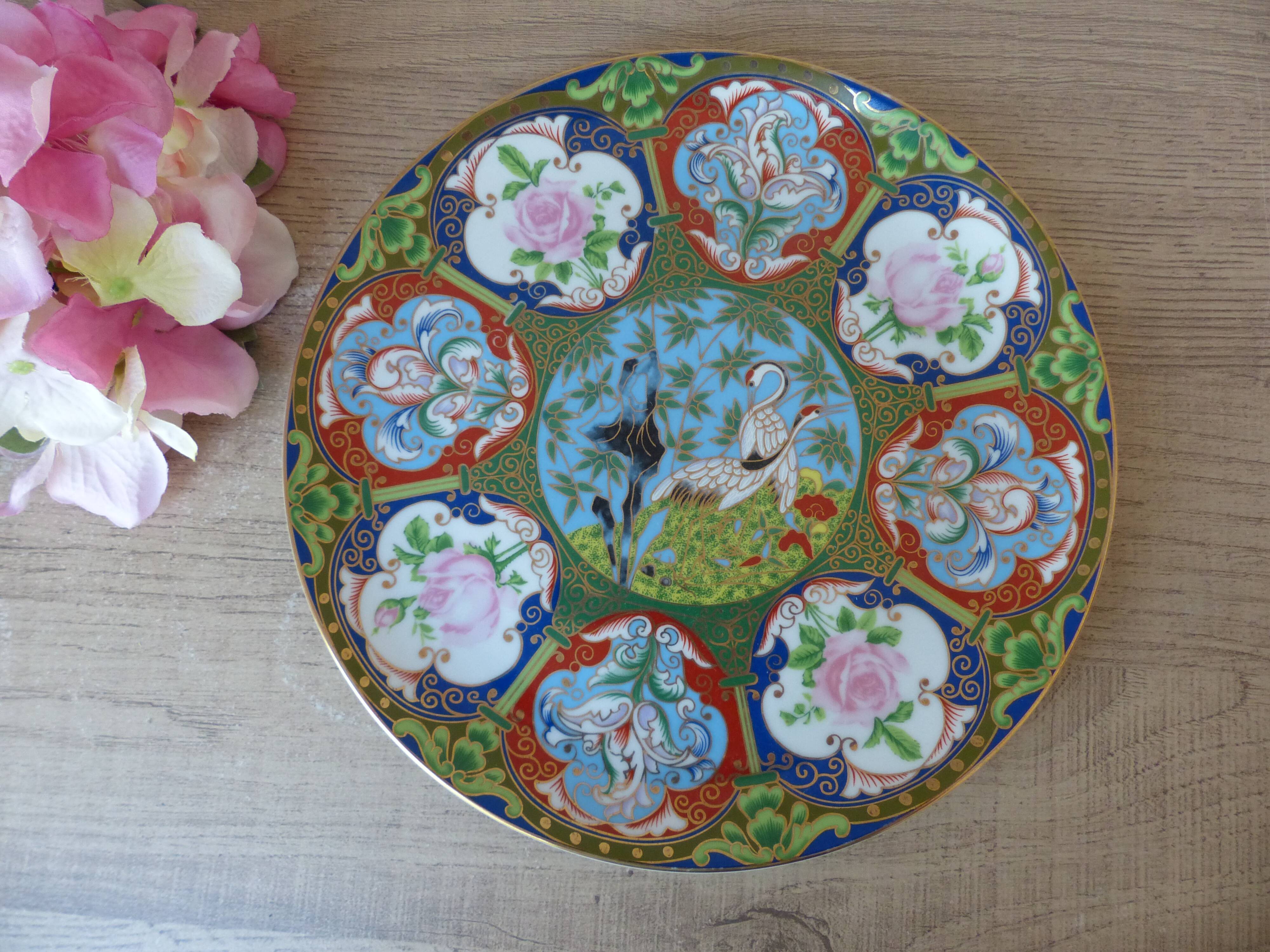 Vintage Japanese plate – Hand-painted cranes and flowers