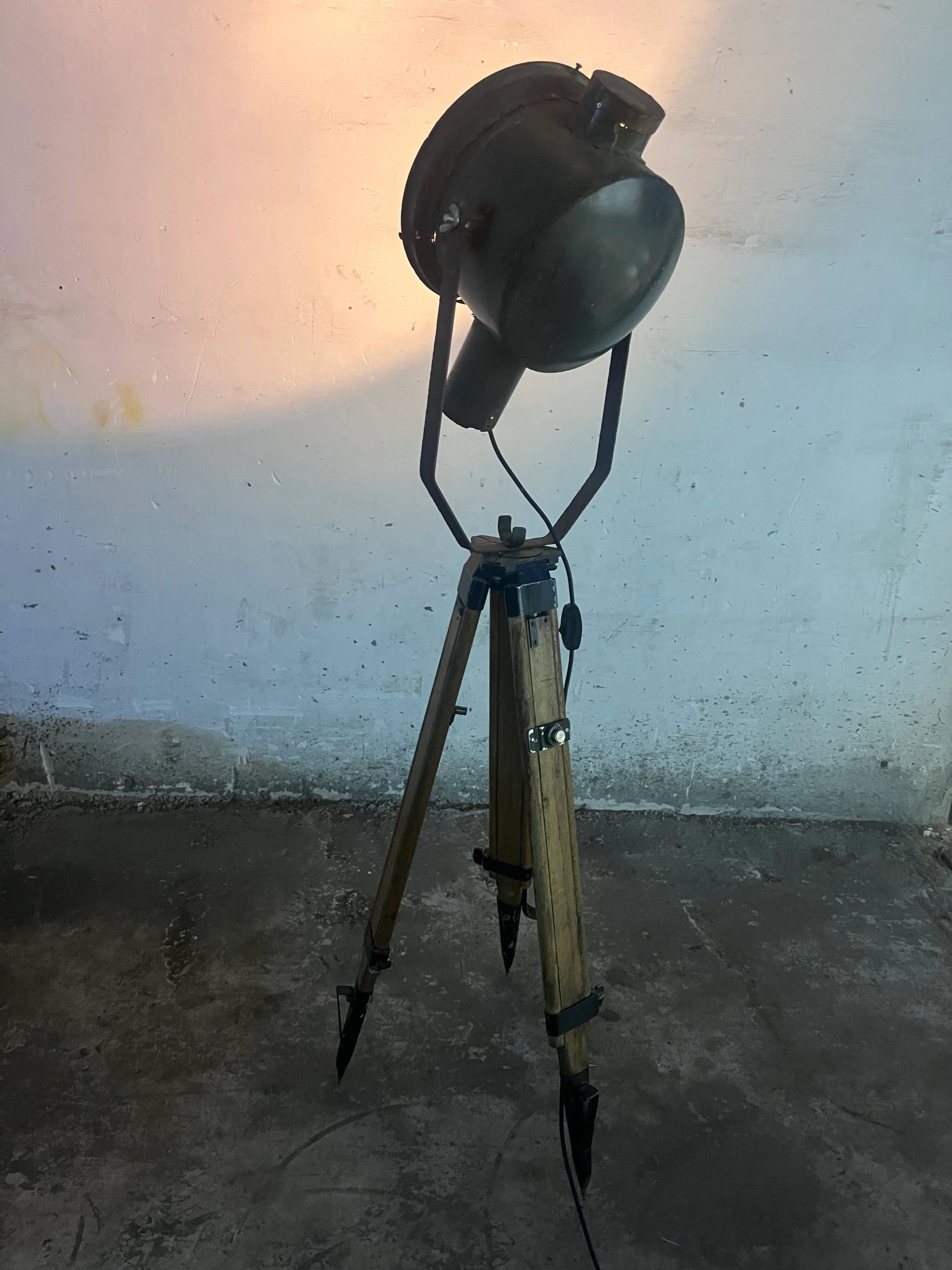 Industrial spotlight floor lamp on tripod PZO STG 4, Poland, 1970s