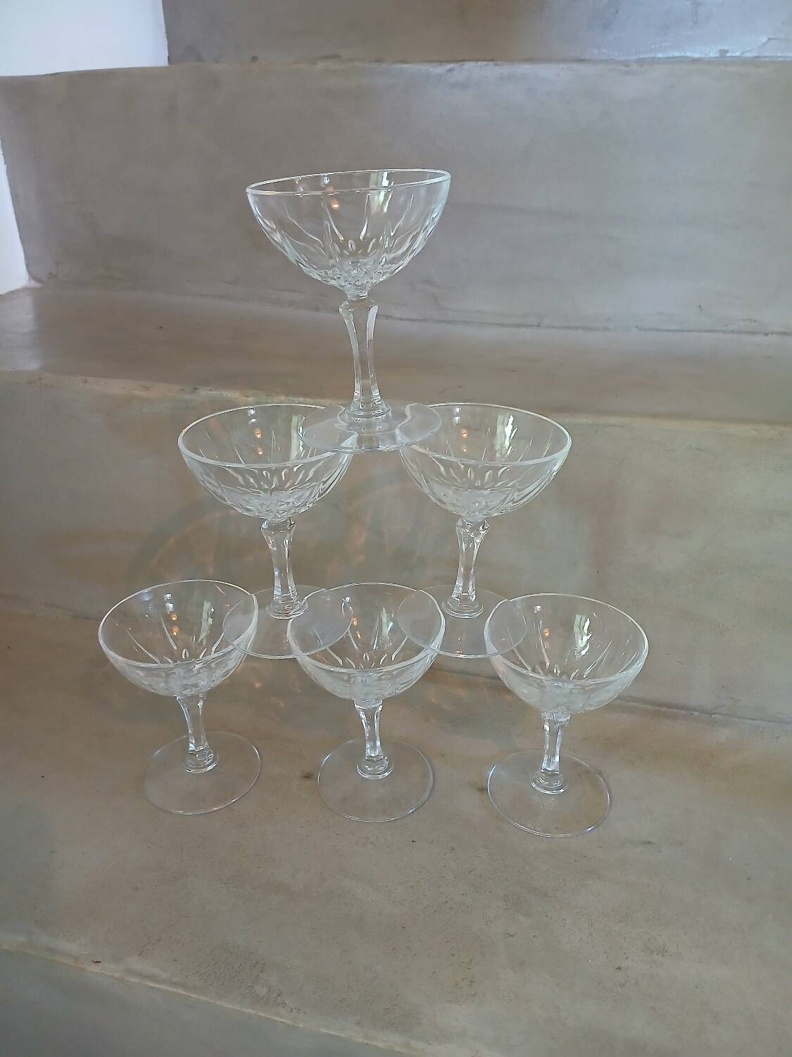 6 antique crystal champagne glasses