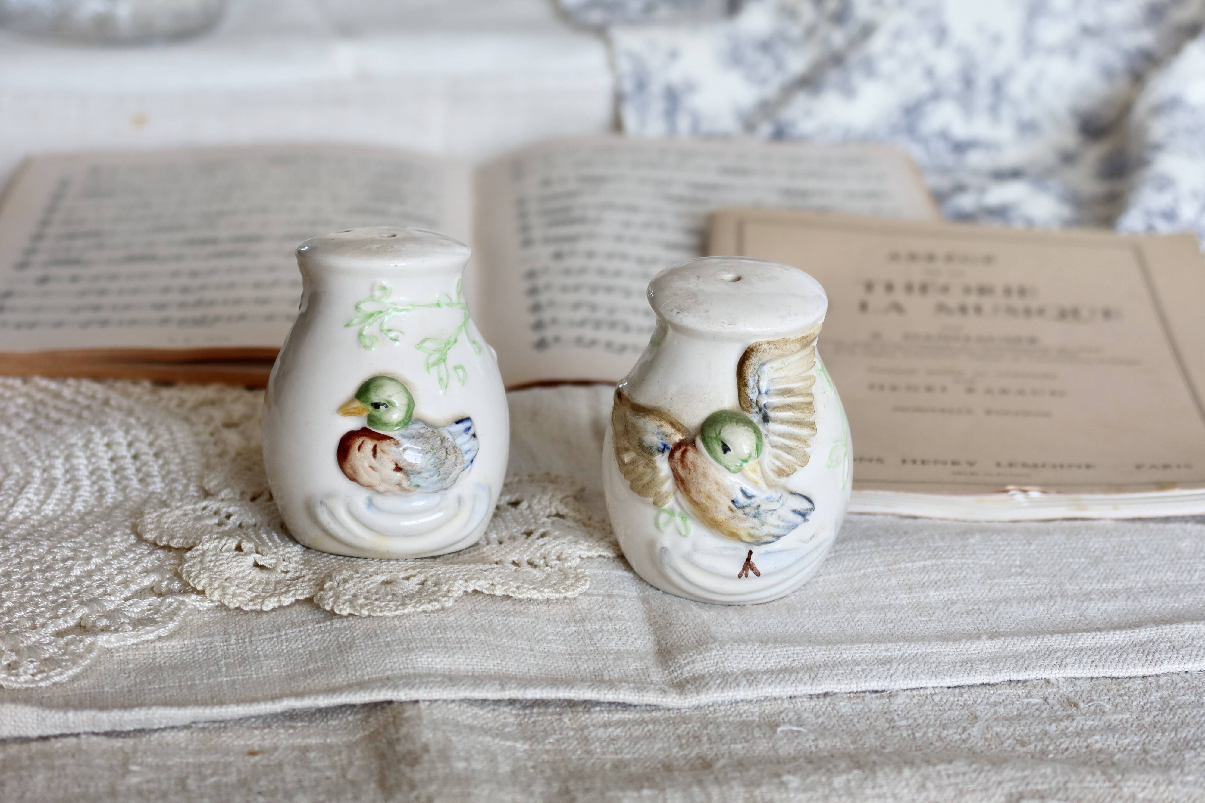 Vintage earthenware and slip salt and pepper shakers with duck motif