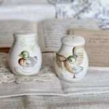 Salière et poivrier vintage en faience et barbotine motif canard