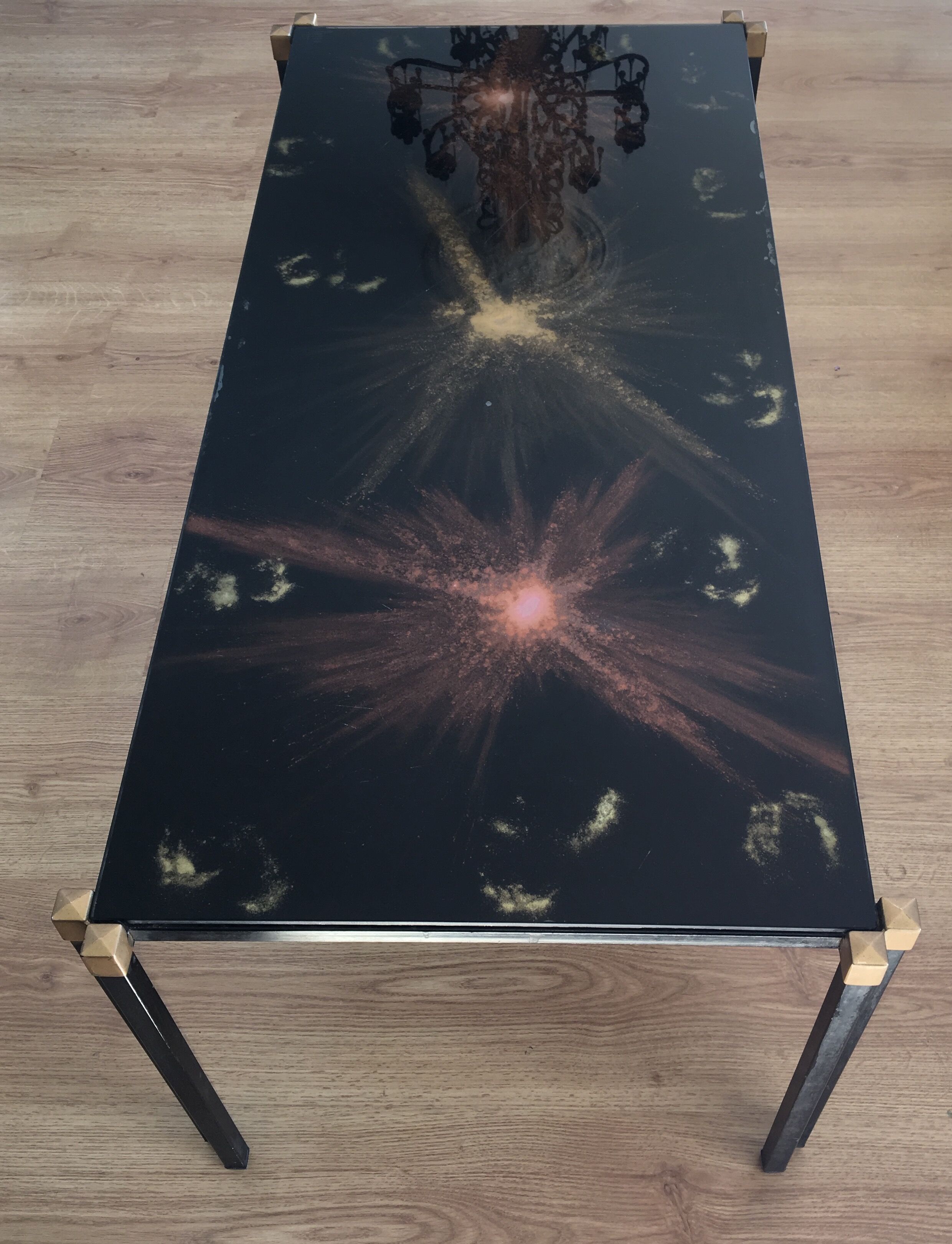 Glass coffee table by Lasco eglomisé and iron/iron gold. signed