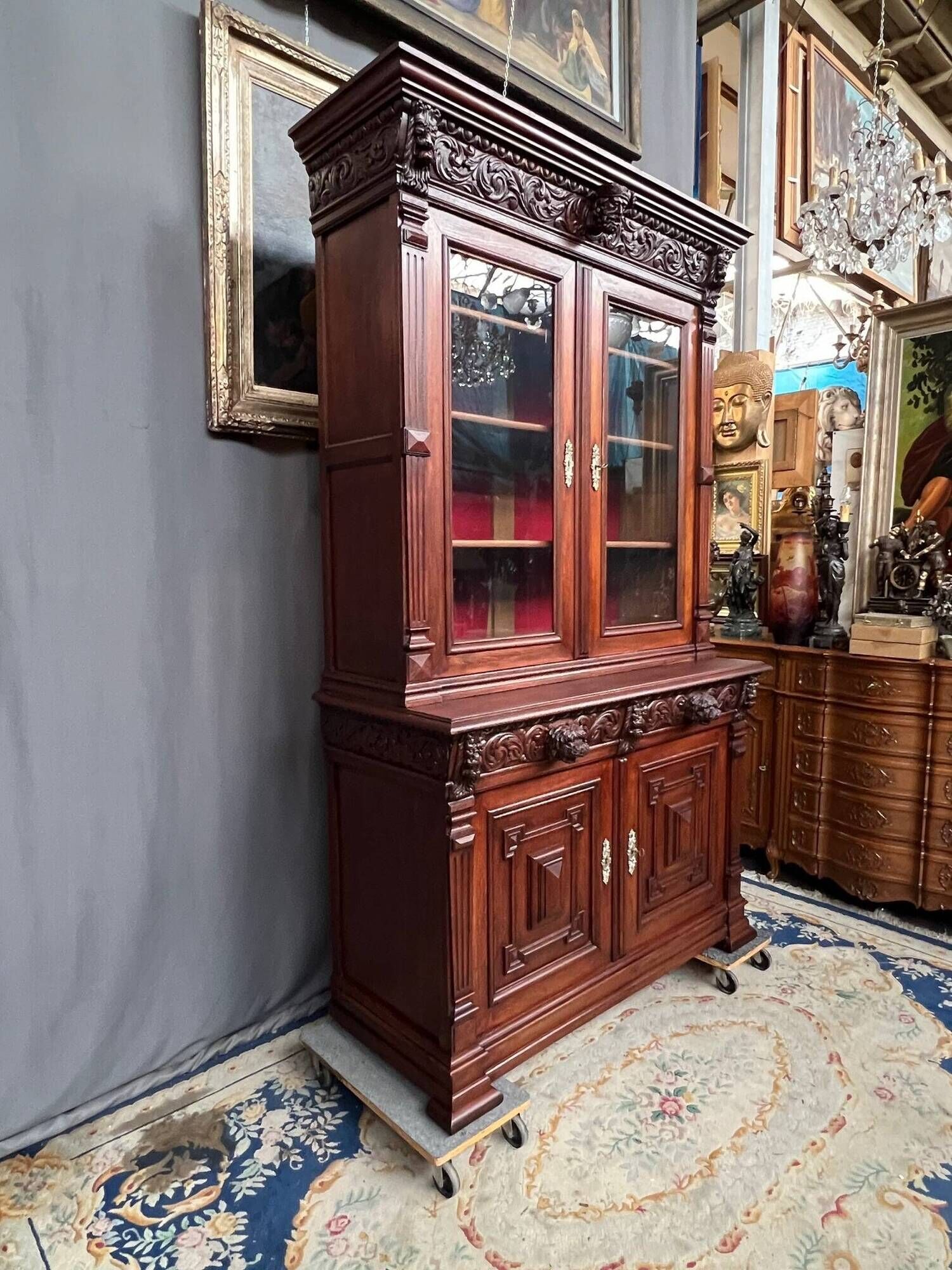 Library and buffet in antique Renaissance style. Beautiful sculptures. Solid oak. France. 19th century.