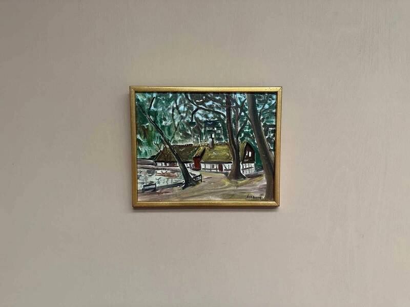 Original Swedish oil on canvas “Secret Huts” by Ake Berg, signed, vintage & framed 41x33cm