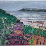 Peinture à l'huile de paysage impressionniste du milieu du XXe siècle signée et encadrée