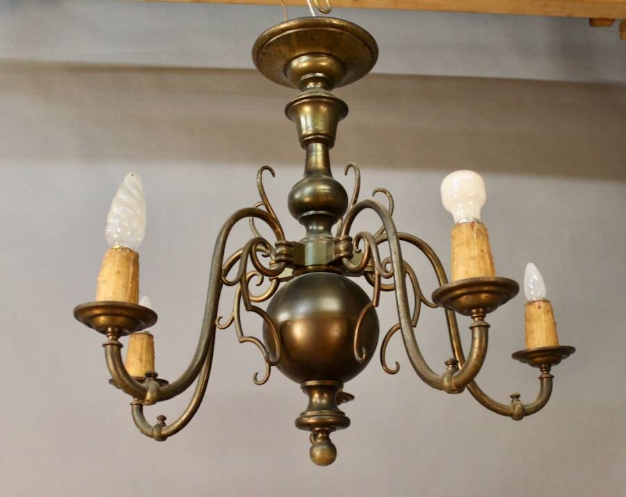 19th Century Dutch Bronze Chandelier with 5 Light Arms
