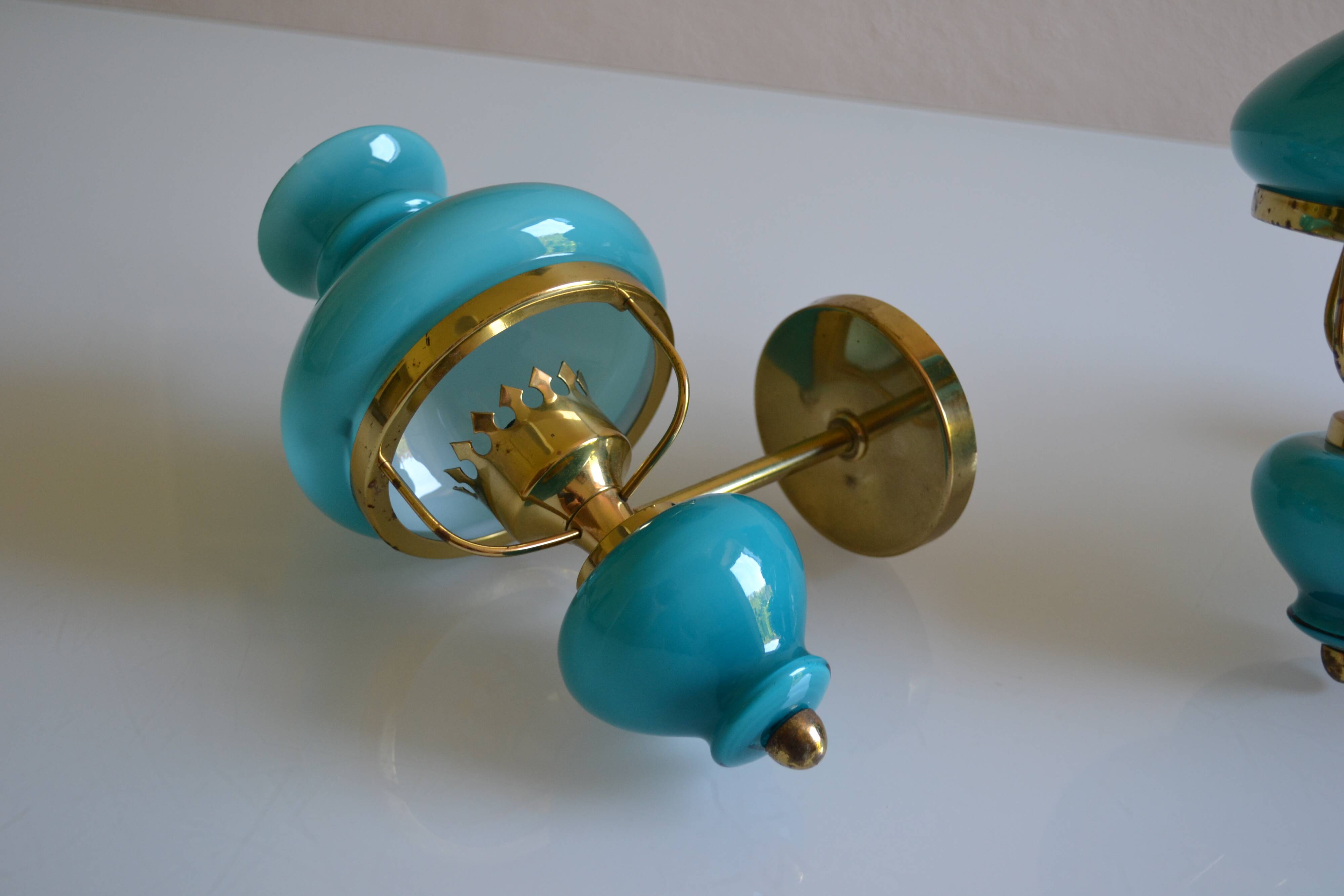 Series of 3 vintage brass and blue opaline wall lamps