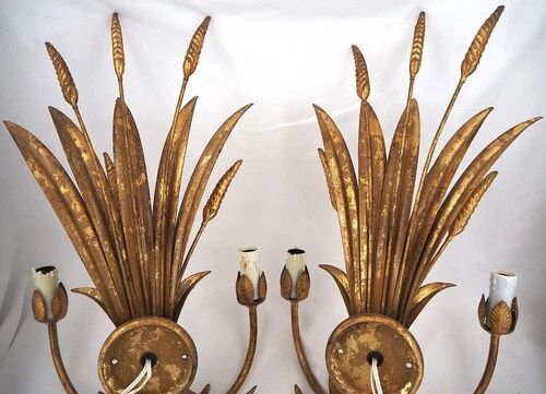 Beautiful pair of wall lights, gold metal, wheat ears, vintage, 48 cm, excellent condition.