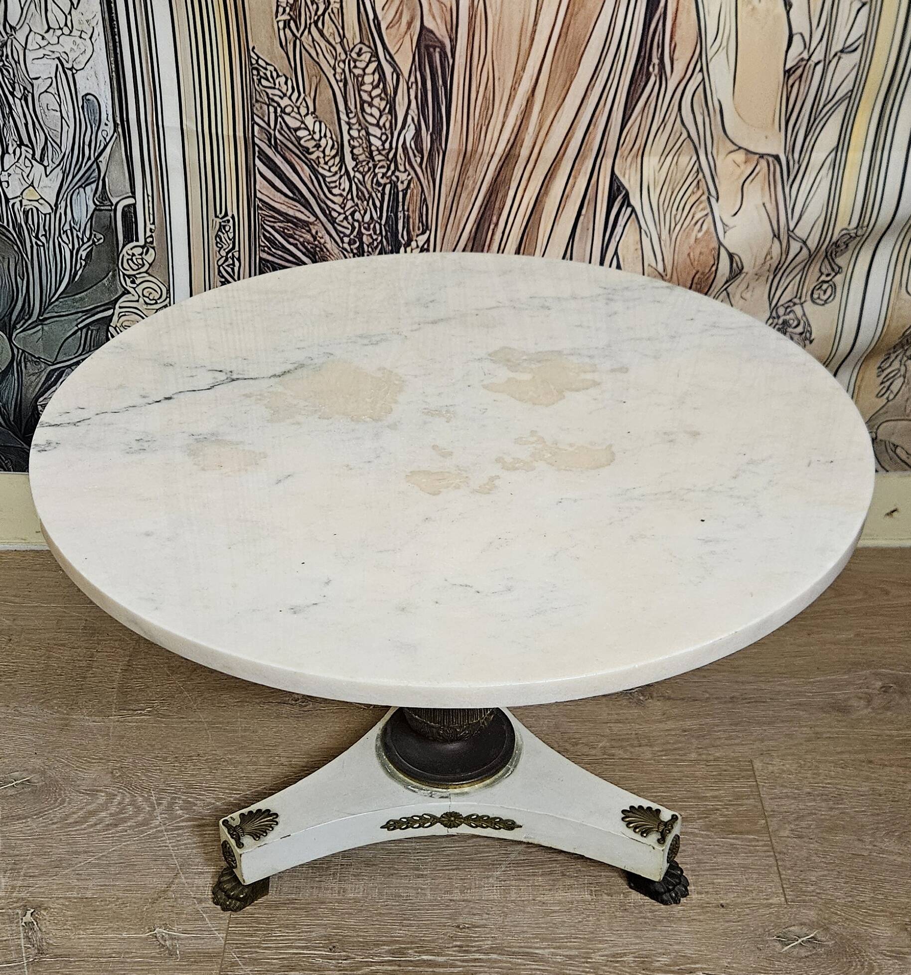 Lacquered wooden side table, marble and bronze – Empire style, 20th century