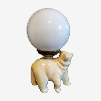 Lampe ours en céramique blanche et globe en opaline