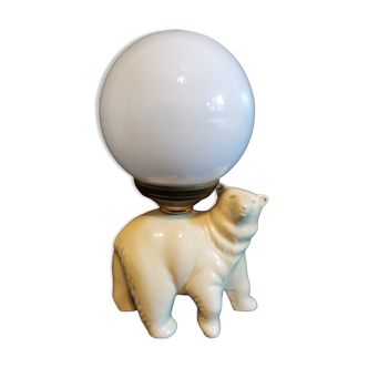 Lampe ours en céramique blanche et globe en opaline