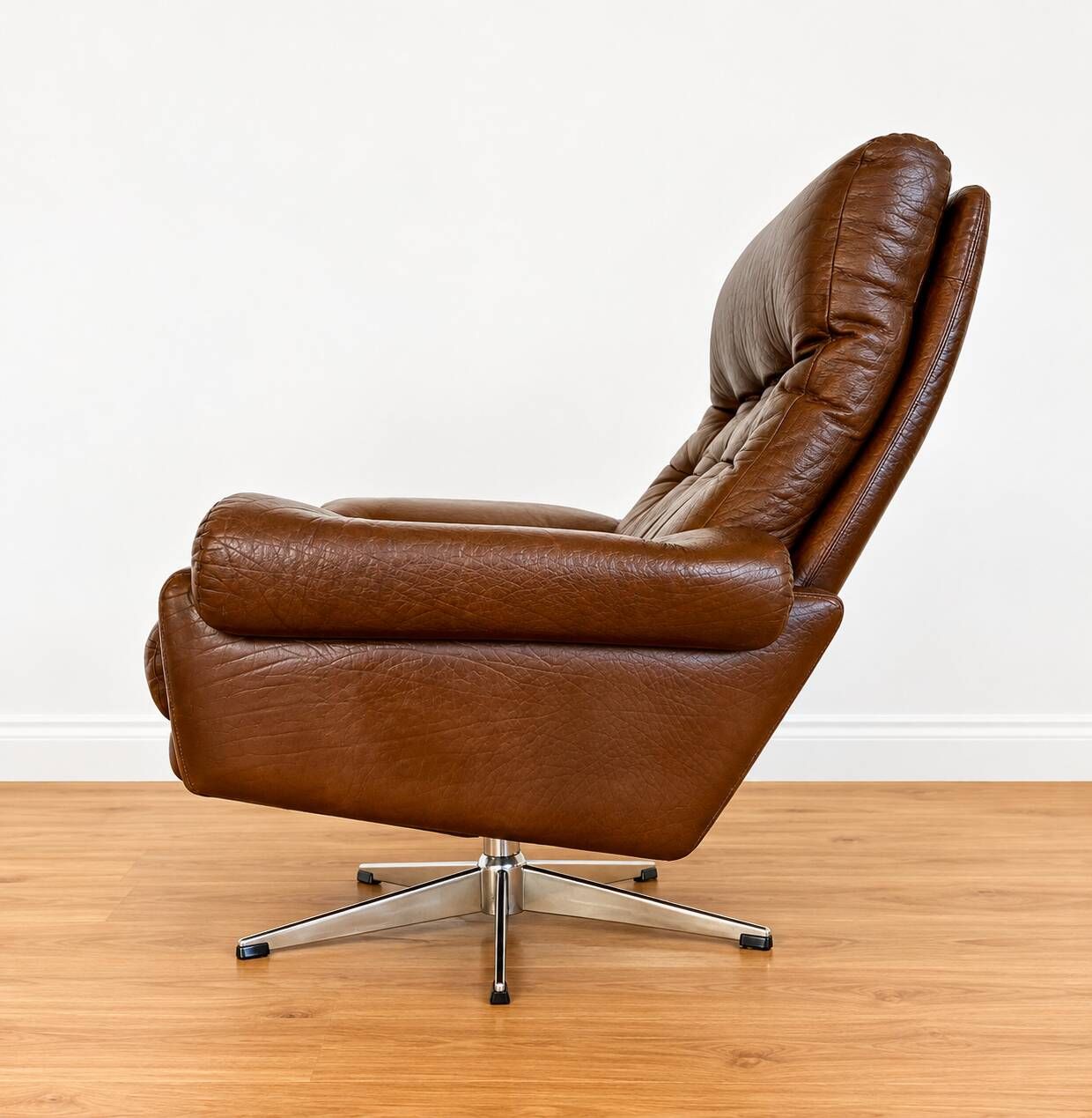 Vintage Danish mid-century brown leather swivel chair 1970s