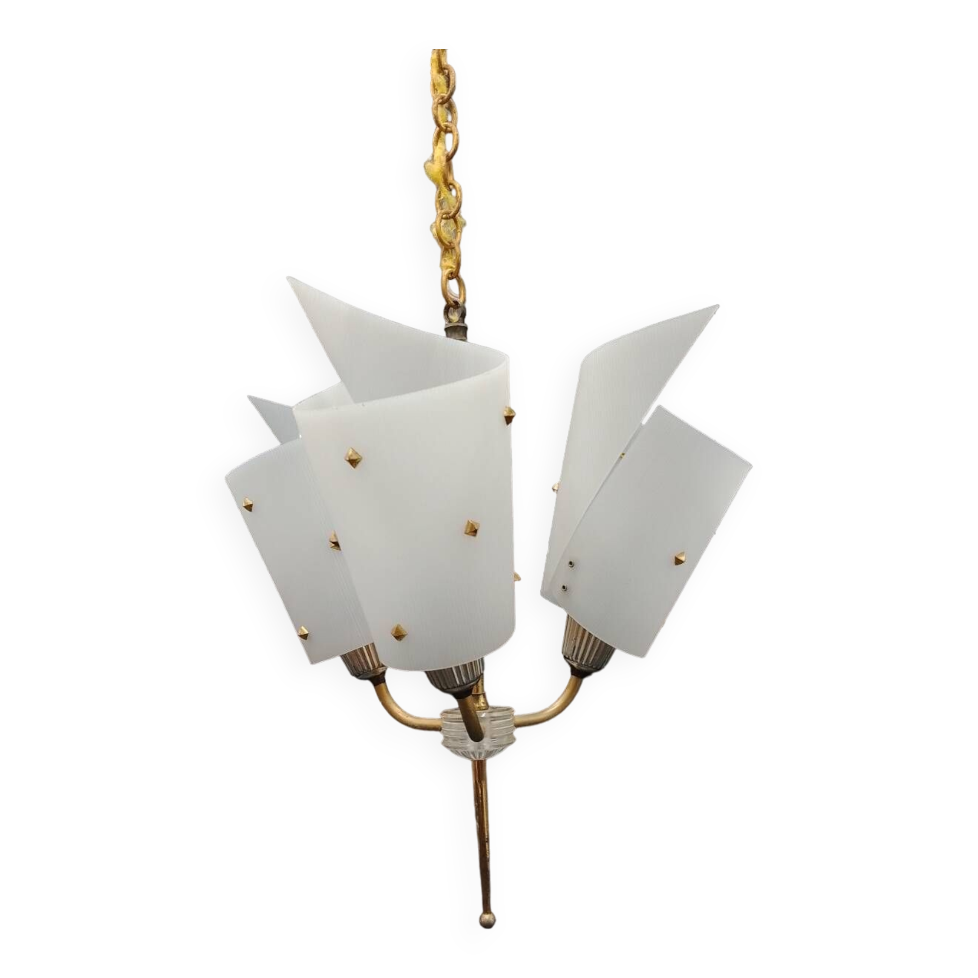 3-light chandelier in brass and plastic, 1960