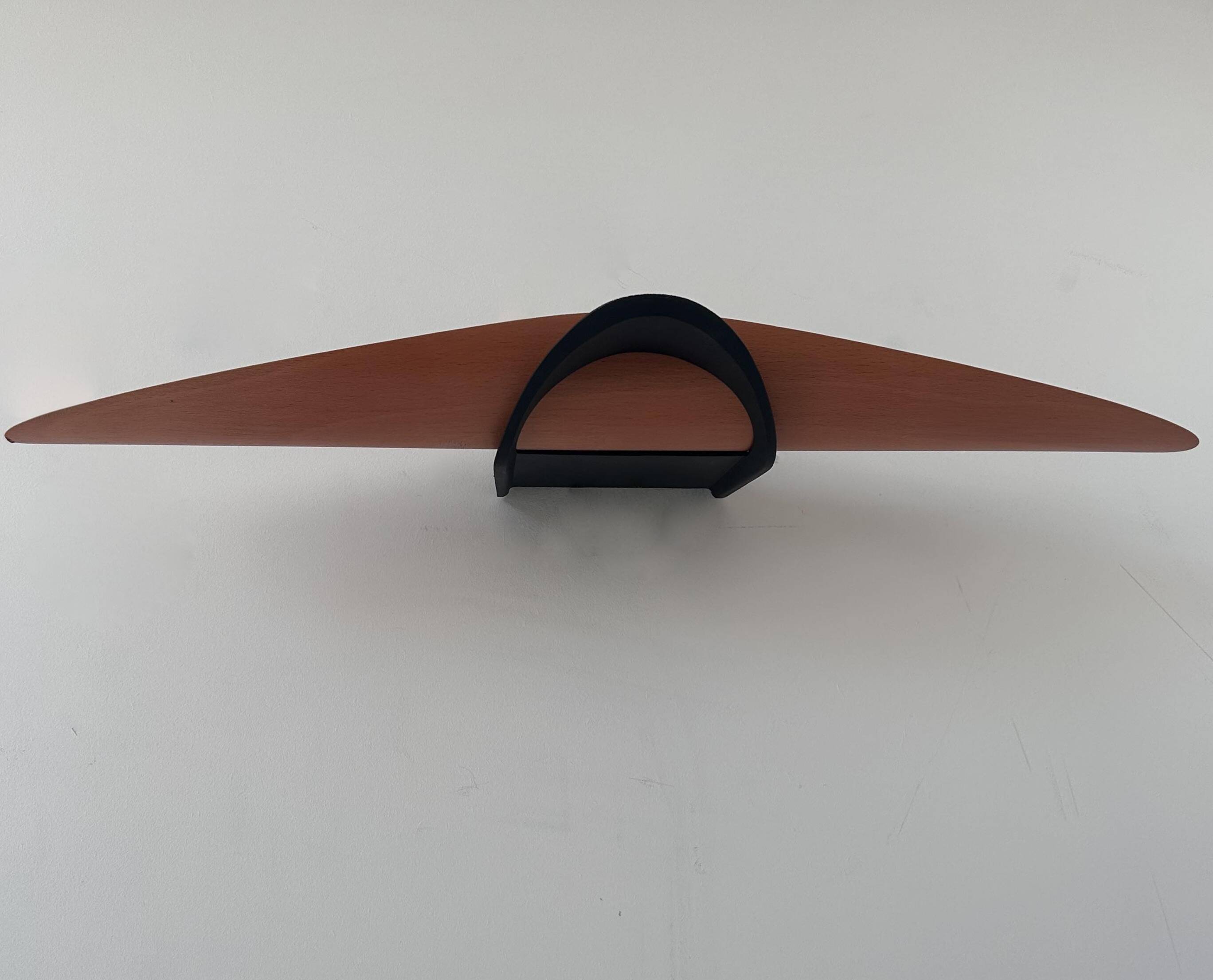 Vintage modernist wall lamp, black lacquered metal and wood, France 1980s