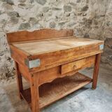 Table de boucher française vintage – Bloc de hêtre des années 1960 – Table de boucher avec tiroir et étagère