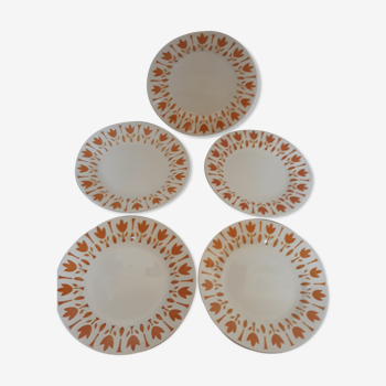 Set of 5 flat plates Sarreguemines "lys" white/ochre