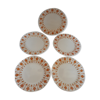 Set of 5 flat plates Sarreguemines "lys" white/ochre