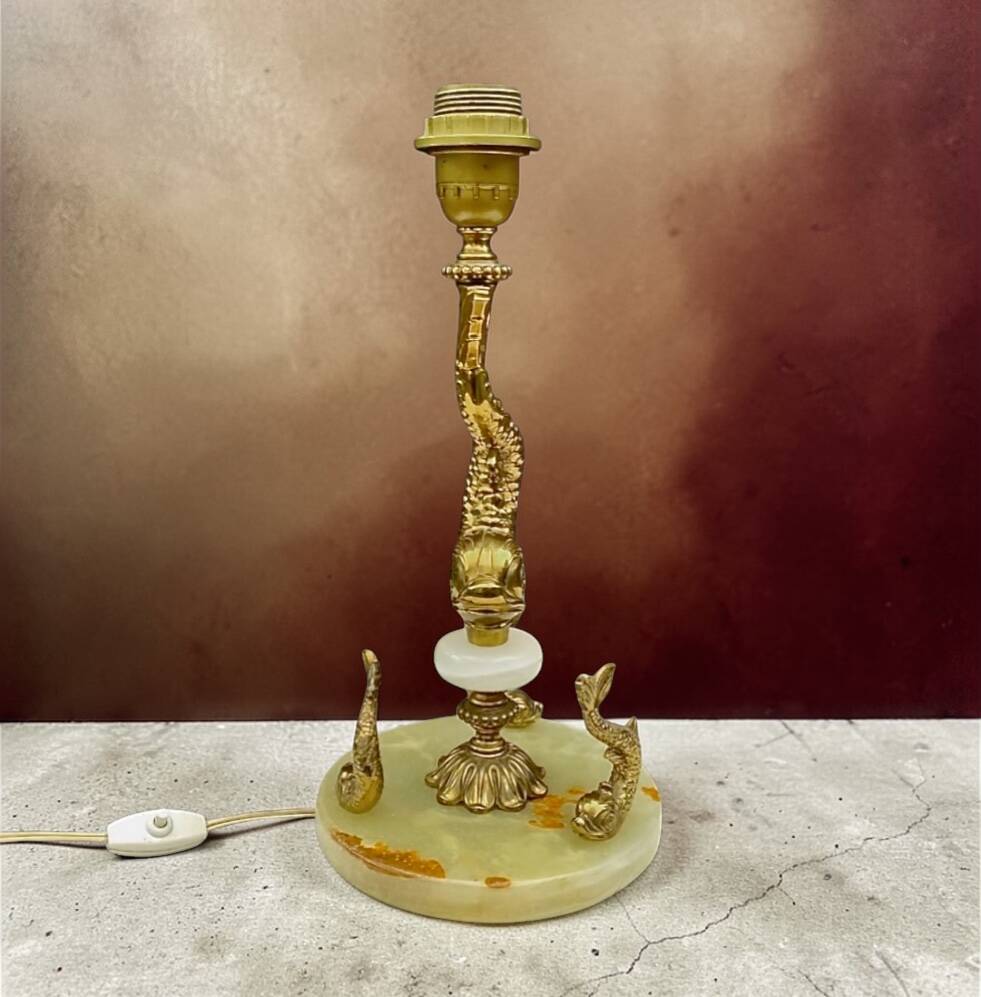 Vintage fish lamp in brass and onyx – H61 cm