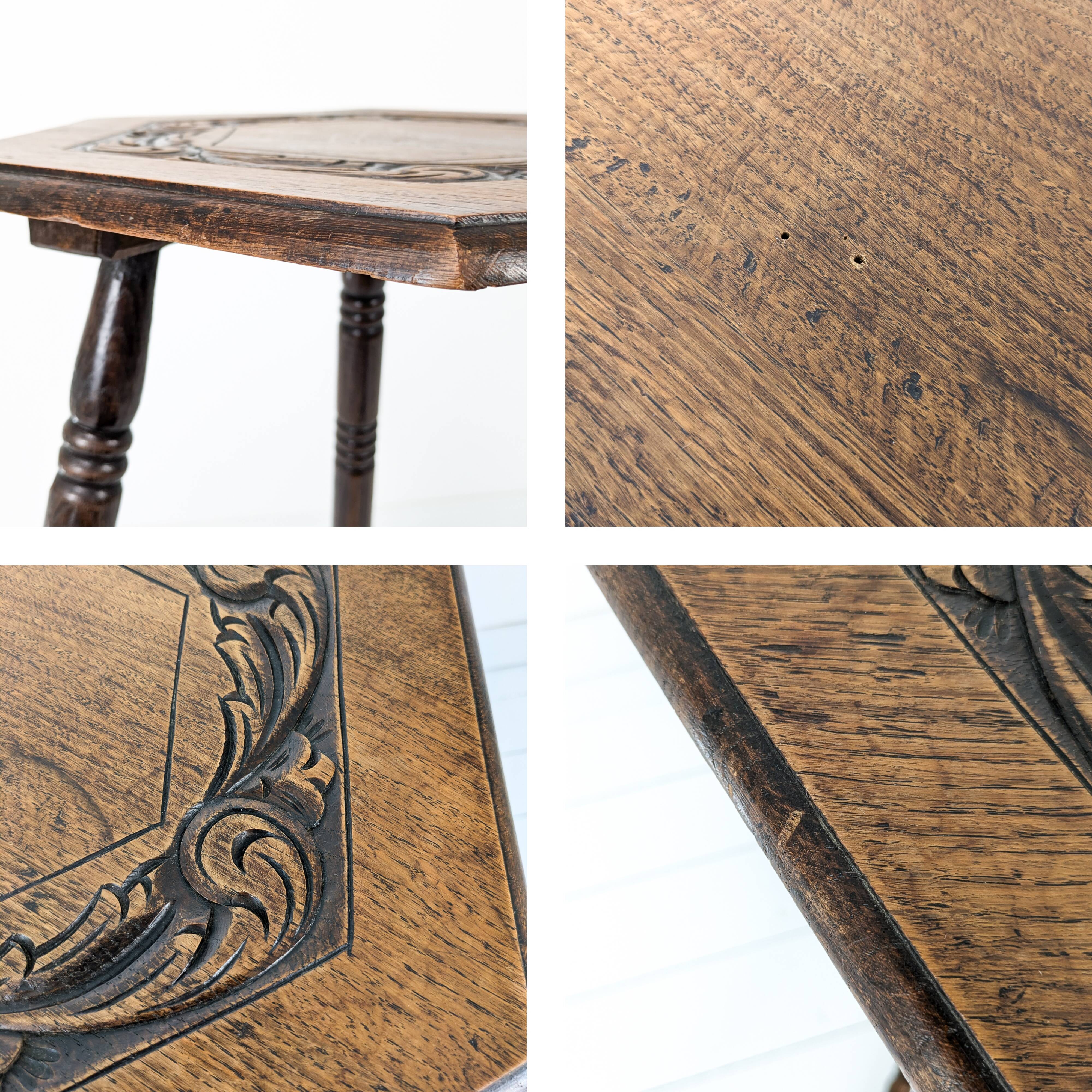 Vintage Table d'Appoint Tripode Polygone Sculpté à la main Tourné en bois massif Travail manuel Grün