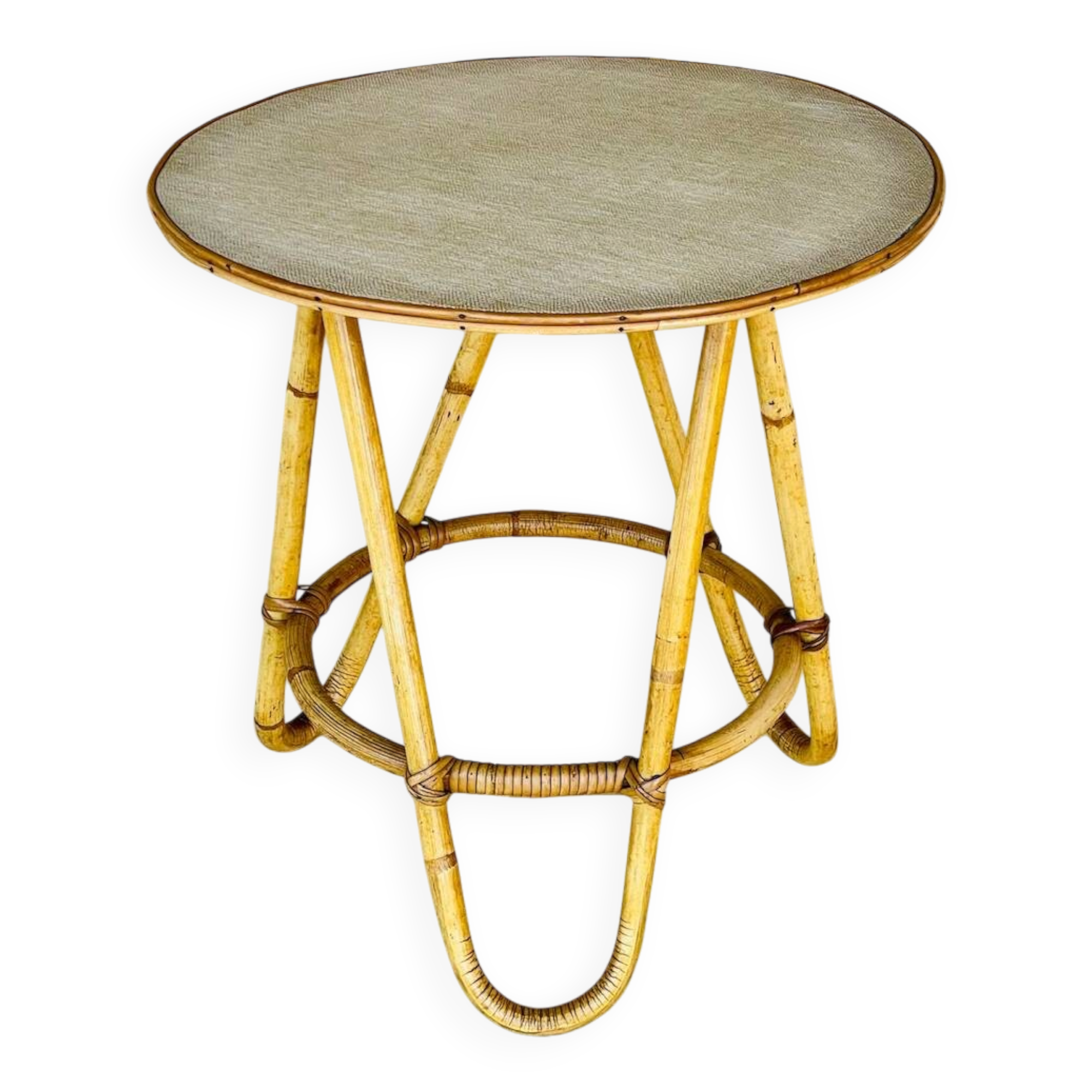 Vintage rattan and bamboo side table, circa 1969.