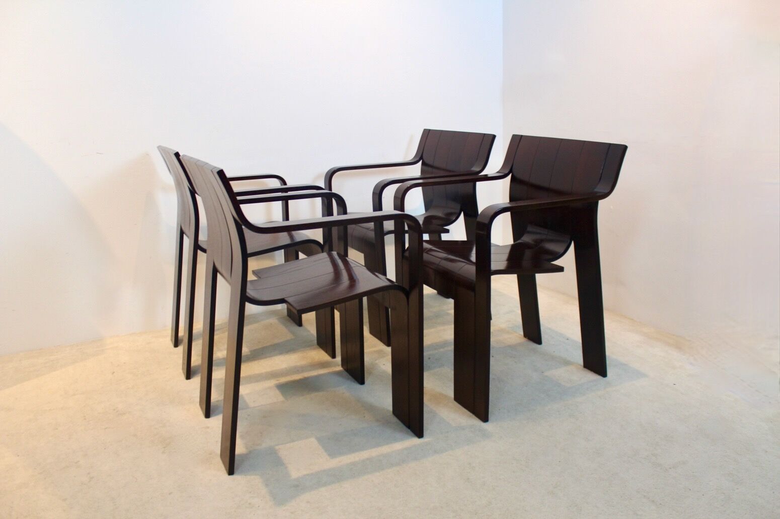 Set of four Strip dining chairs with dark brown ash armrests by Gijs Bakker for Castelijn