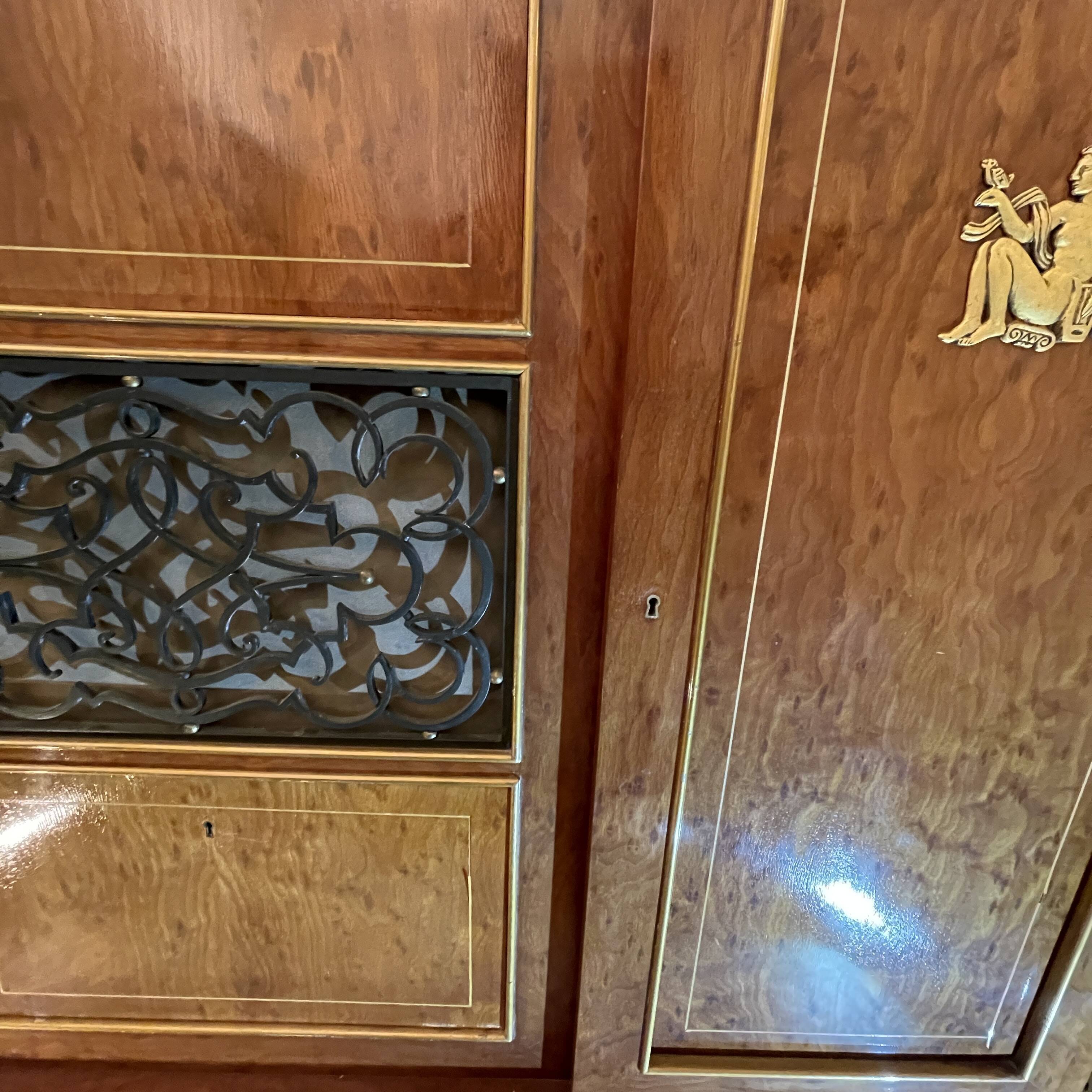 Art Deco sideboard or bar furniture, various veneers, bronze and ironwork, c