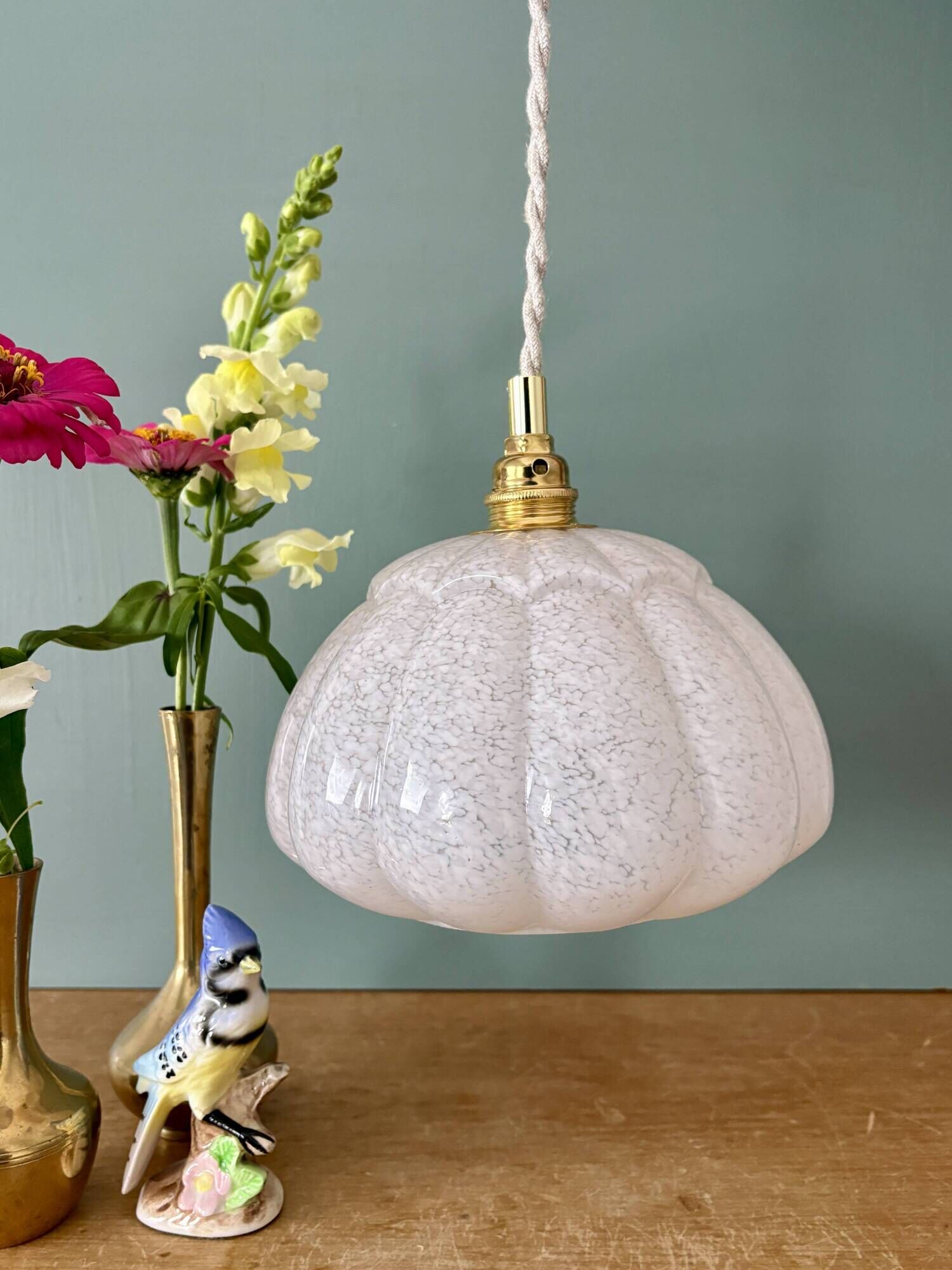 Vintage glass pendant light from Clichy in white.