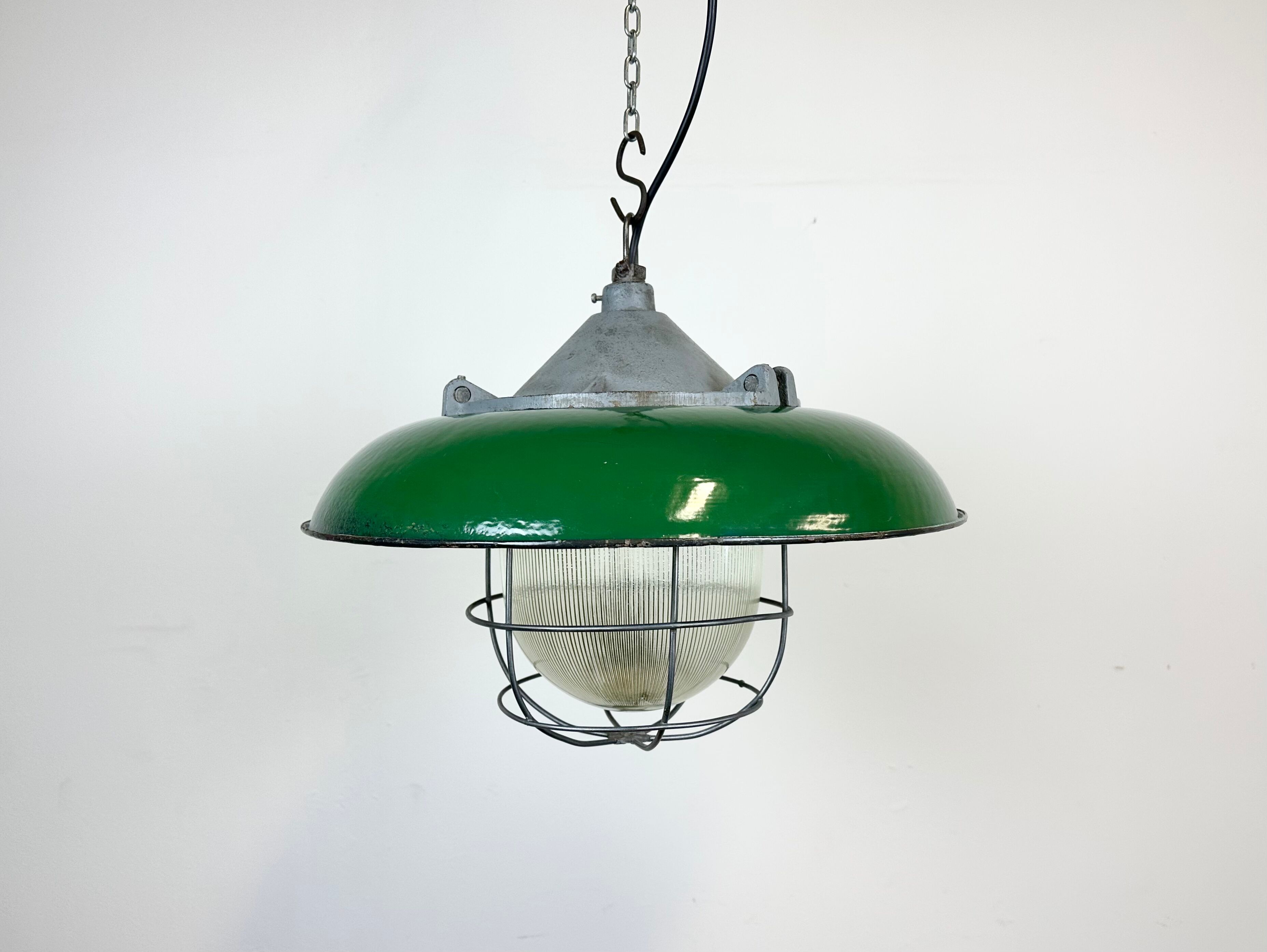Industrial Green Enamel Factory Cage Pendant Lamp in Cast Iron from Zaos, 1960s
