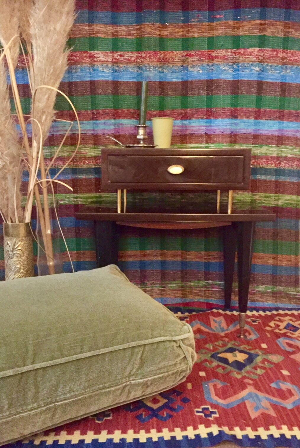 Varnished mahogany bedside table and brass 50s