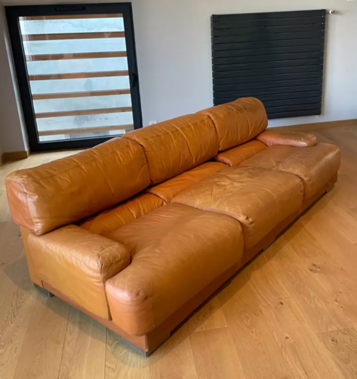 Vintage 3-seater sofa Gérard Guermonprez fawn and stainless steel leather, France 1970