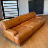 Vintage 3-seater sofa Gérard Guermonprez fawn and stainless steel leather, France 1970