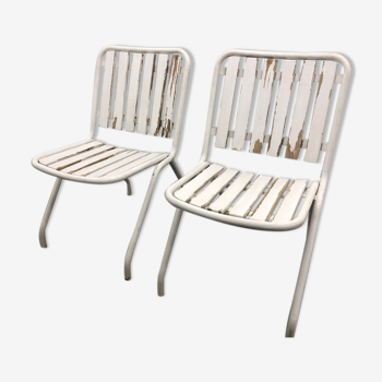 Pair of foldable 50s garden chairs tube and wood