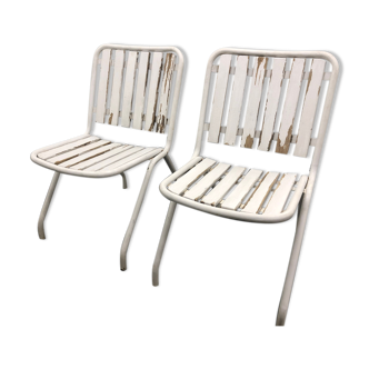 Pair of foldable 50s garden chairs tube and wood