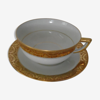 Cup and under cup porcelain Limoges white and gold chocolate coffee tea