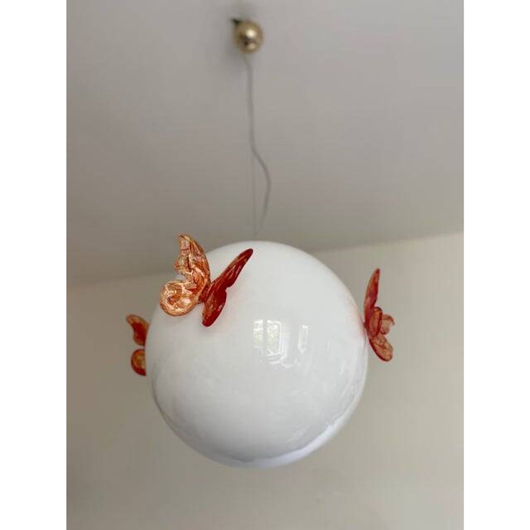 Italian Murano Style Glass Opalino Pendant With Red Butterfly
