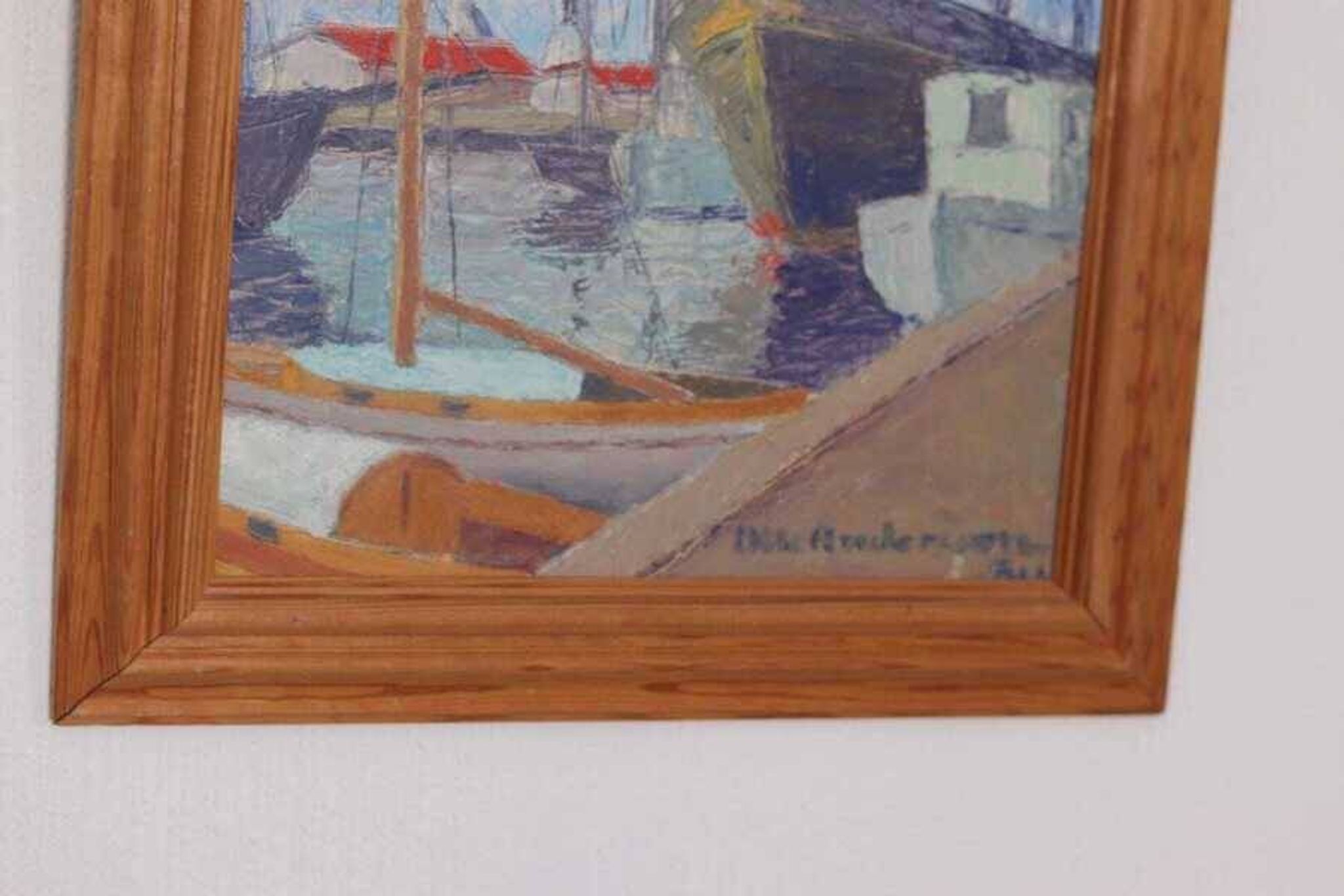 Original Swedish oil on panel – “Moored Boats” by Olle Anderson – vintage & framed – 44 × 51 cm