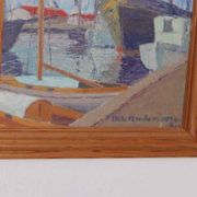 Original Swedish oil on panel – “Moored Boats” by Olle Anderson – vintage & framed – 44 × 51 cm