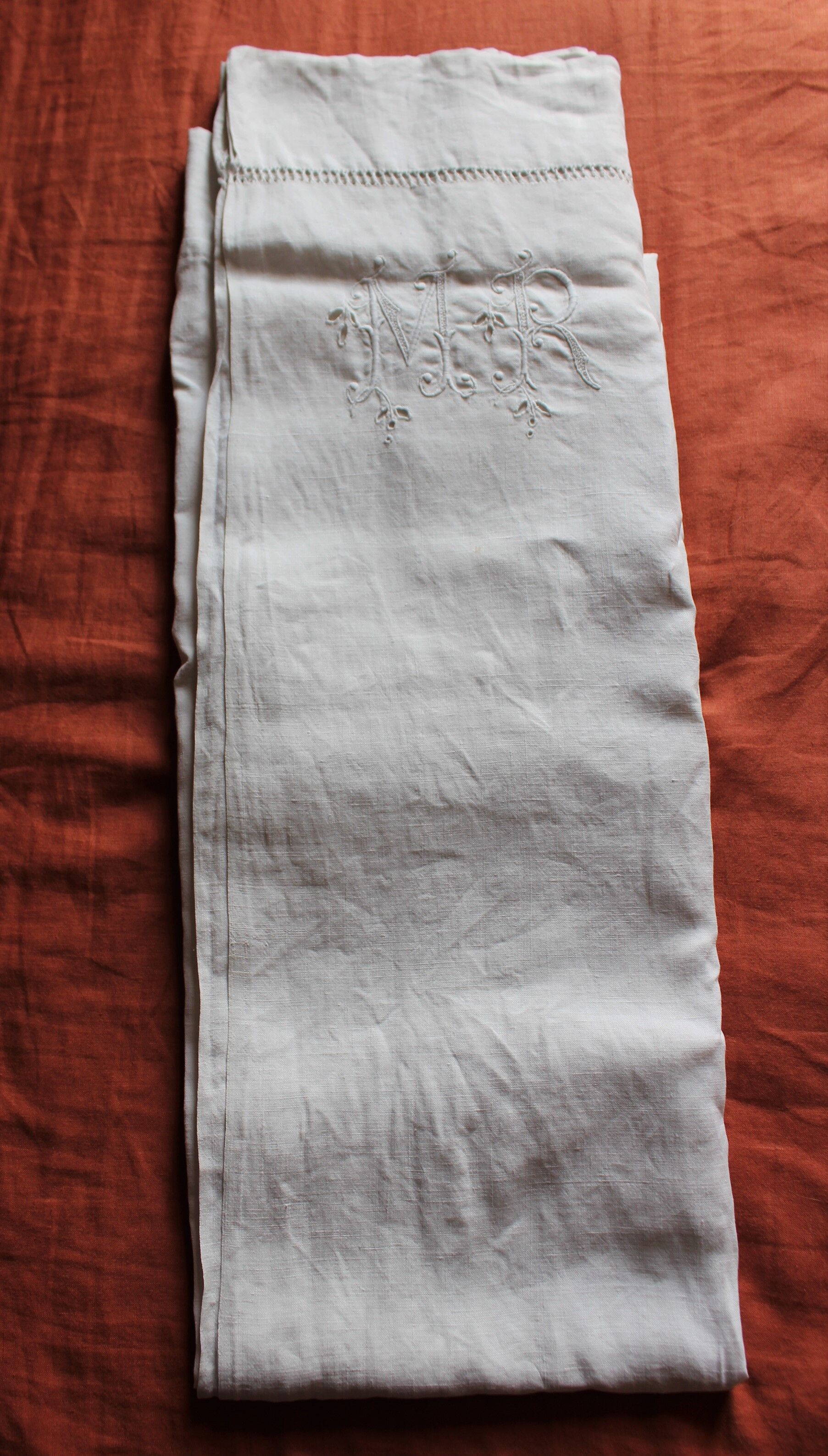 Antique linen sheet Floral monograms M R