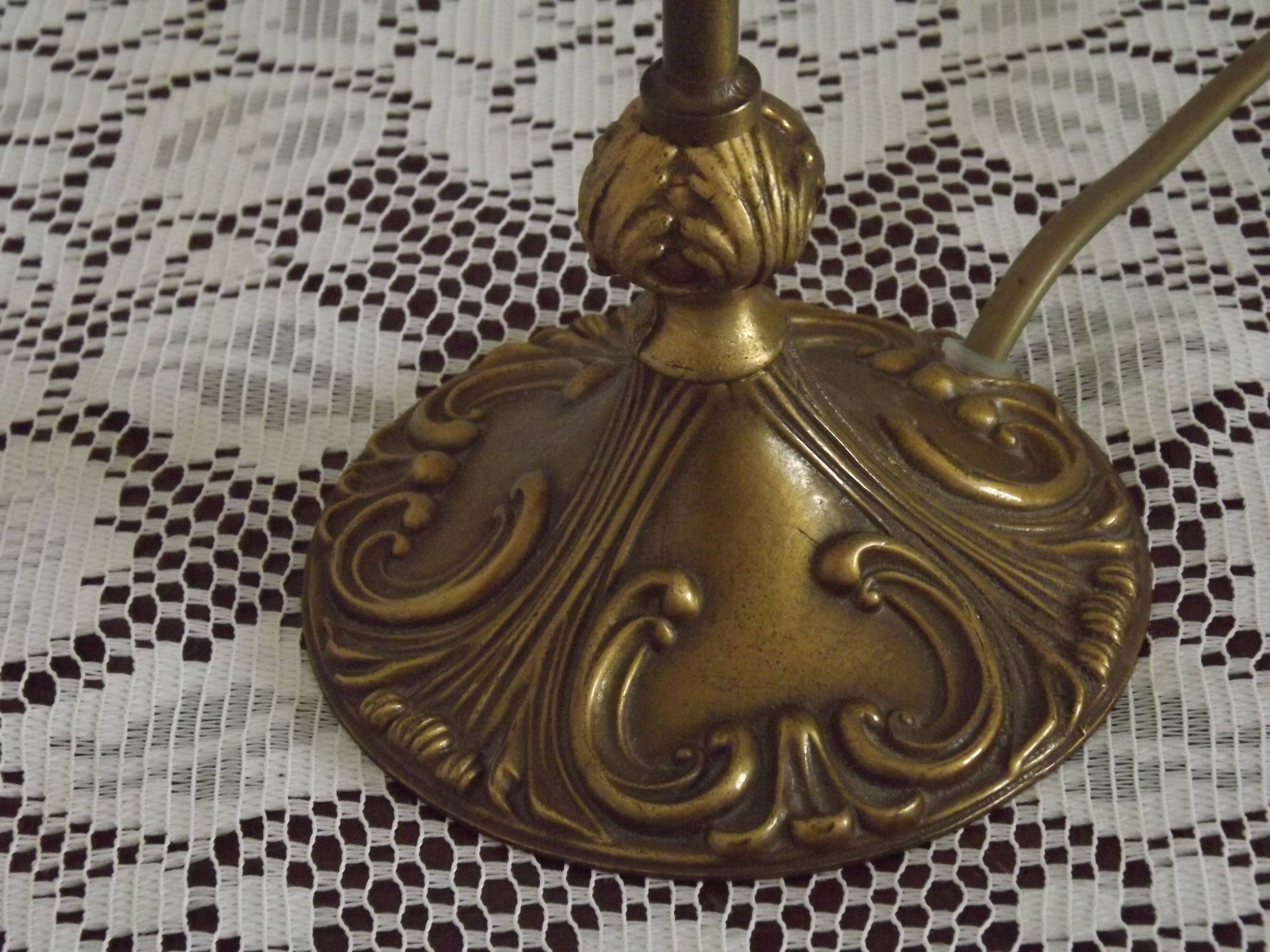 French Art Nouveau Brass Goose Neck Table Lamp White & Pink Glass Shade