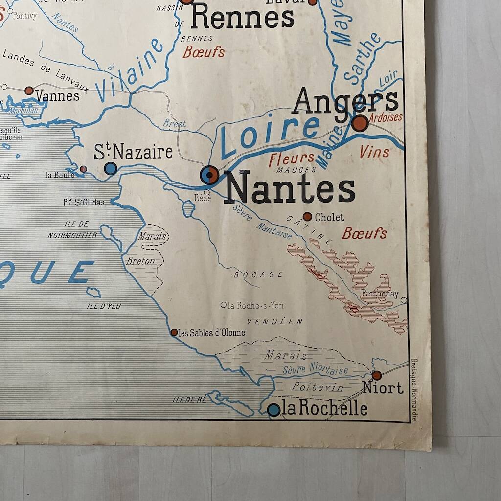 Vintage school map 1950 double-sided "Brittany and Normandy"