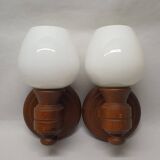 Set of vintage globe opaline wall lights wooden support